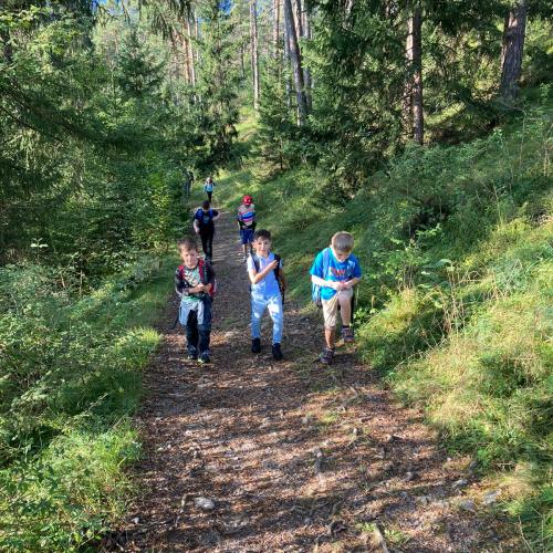 Waldweg, Kinder beim Wandern auf der Laufmeile