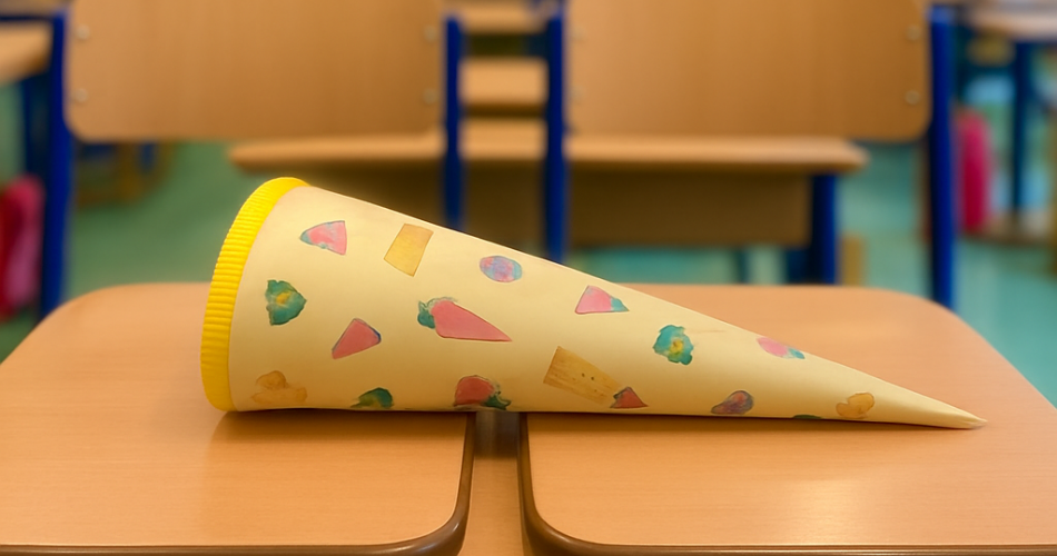 Schultüte die auf einem Stuhl liegt
