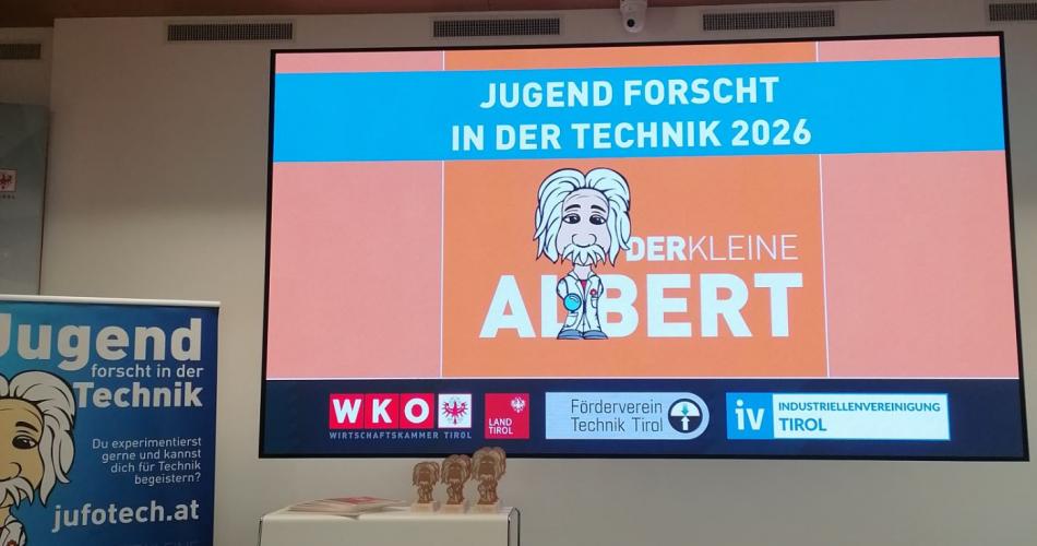 Bild eines Beamerbildes mit der Aufschrift: Jugend forscht in der Technik 2026 - Der kleine Albert