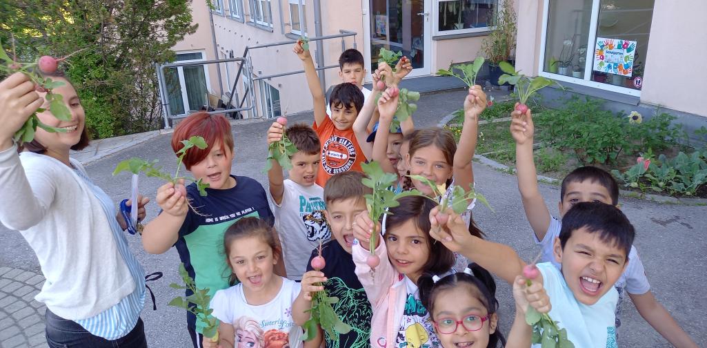 Schulgarten 2 Kinder mit der Radischenernte