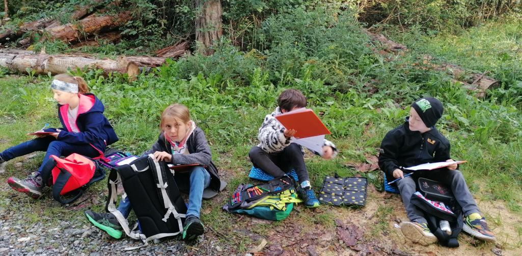 Schule im Wald 9 Kindergruppe erldigt Schulaufgaben im Wald