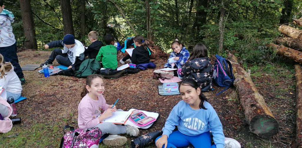 Schule im Wald 12 Kindergruppe erldigt Schulaufgaben im Wald