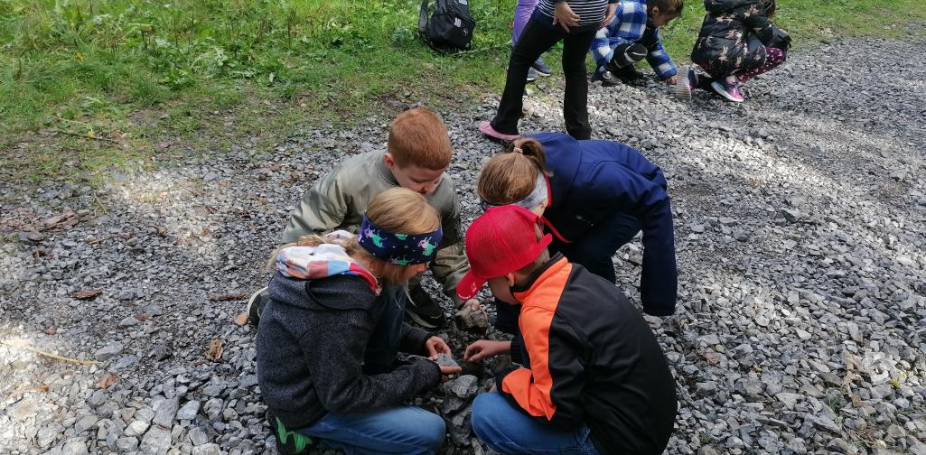 Schule im Wald 17 Gruppe baut eine Steinfigur