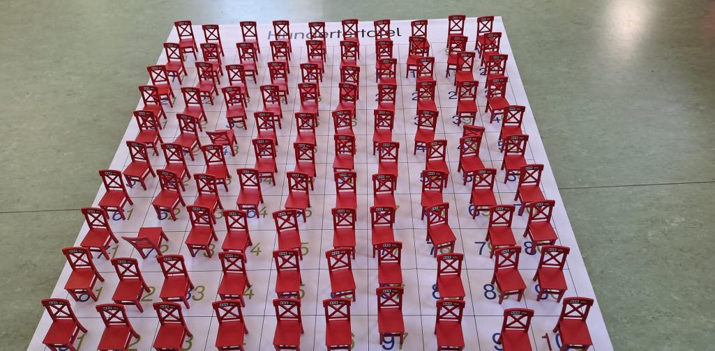 Hunderterfest 10 100 rote Puppenstühle