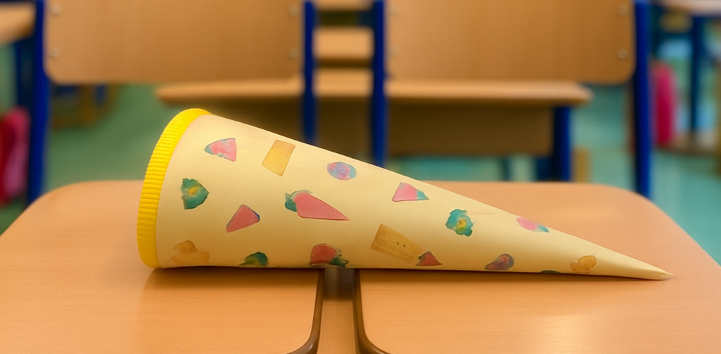 Schultüte die auf einem Stuhl liegt